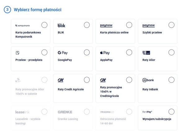 Szeroki wybór metod płatności w sklepie internetowym z elektroniką. Źródło: Komputronik