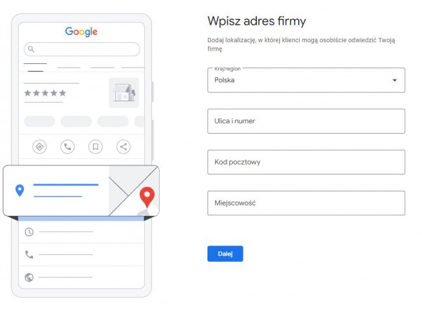 Podawanie adresu firmy podczas tworzenia Profilu Firmy w Google.