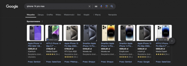 Karty produktowe Google Shopping w wynikach wyszukiwania.