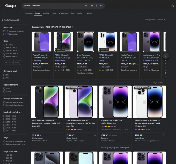 Karta Zakupów Google z przykładowymi wynikami.