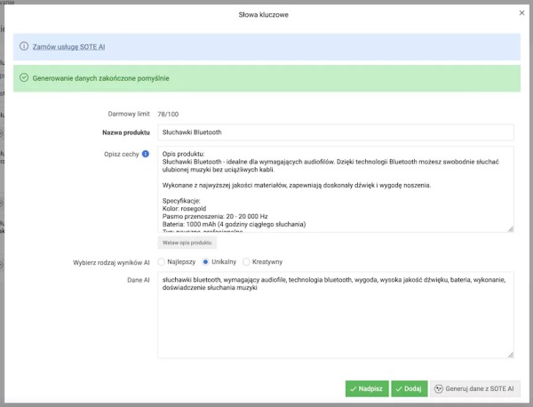 Edytor z opcjami AI do szybszego pozycjonowania sklepu SOTE. Źródło: Sote.pl