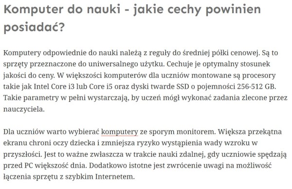 Przykład artykułu stanowiącego thin content ze względu na błędy i ogólne porady: brak doprecyzowania przekątnej ekranu, sugestie dotyczące ochrony wzroku przez duży monitor czy domniemanie, że nie każdy komputer może się połączyć ze szybkim internetem. Źródło: Czas Dzieci