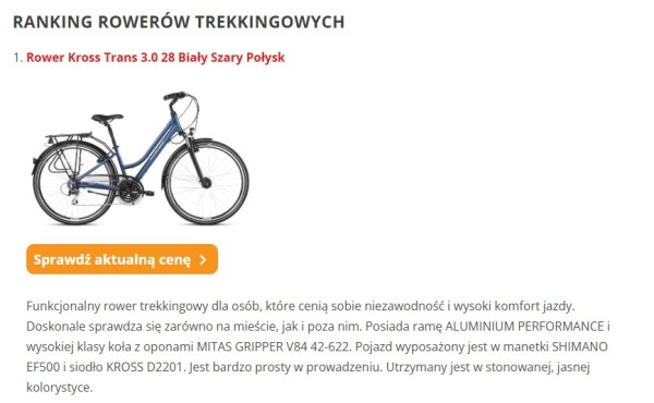 Lakoniczny opis produktu w rankingu można sklasyfikować jako thin content, ponieważ oprócz danych technicznych zawiera ogólne informacje, które można przypisać każdemu rowerowi i użytkownikowi. Źródło: Rankingi Produktów