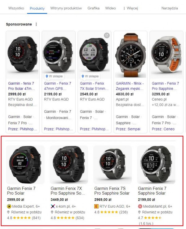 Bezpłatne wyniki wyszukiwania w zakładce „Produkty” znajdują się pod reklamami wyświetlanymi w ramach kampanii Google Ads. 