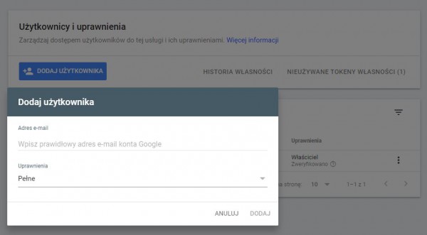 Funkcja dodawania użytkowników do Google Search Console dla sklepu internetowego.