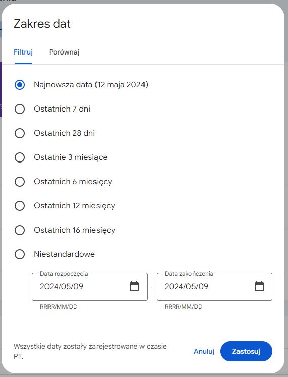 Funkcja filtrowania i porównywania danych według dat w Google Search Console.