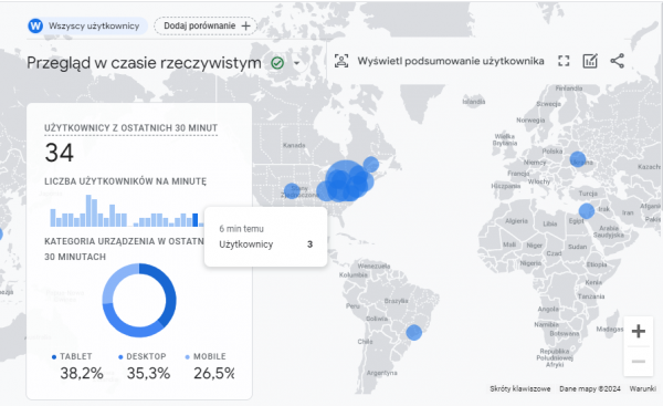 Raport o czasie rzeczywistym w Google Analytics na koncie testowym.