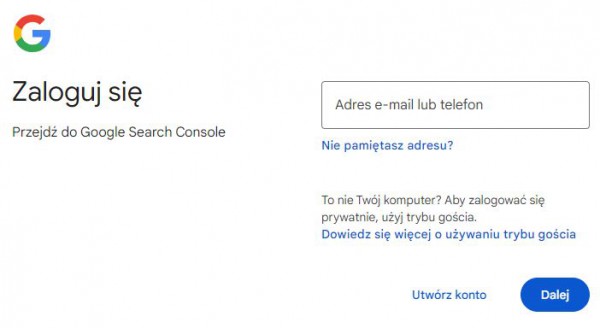 Logowanie do Google Search Console.