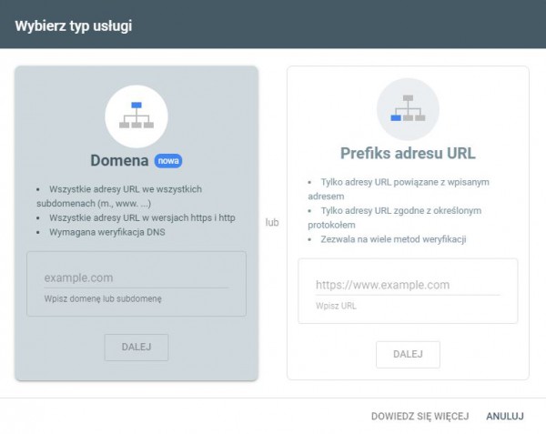 Wybór typu usługi w Google Search Console.