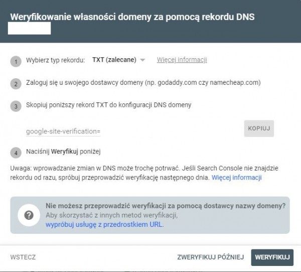 Weryfikacja Google Search Console za pomocą rekordu DNS. 