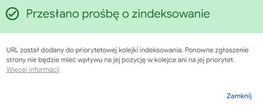 Potwierdzenie zgłoszenia adresu URL sklepu internetowego do zindeksowania w Google Search Console.