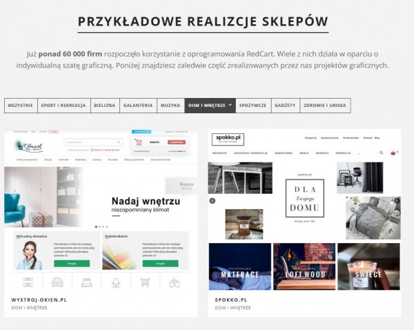 Sklepy internetowe postawione na platformie e-commerce RedCart.