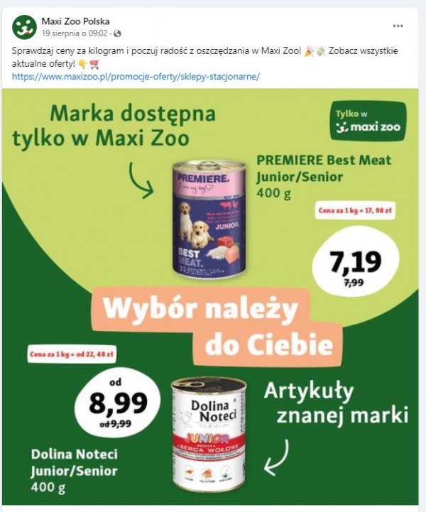 Post organiczny (bezpłatny) promujący sprzedaż produktów na Facebooku.