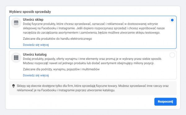 Wybór sposobu sprzedaży na Facebooku.