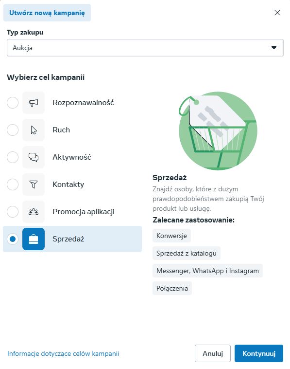 Wybór typu zakupu oraz celu kampanii w Menedżerze reklam na Instagramie